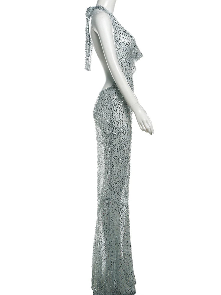 BXOXO Shiny Sequins Sexy Women Long Dress Stunning Halter Lace Up Swinging Neck Backless Sheath Vestidos Female Club Party Robe