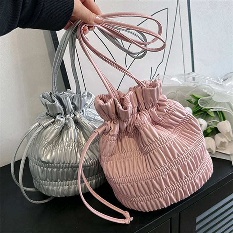 BXOXO Silver Black White Khkai Pink Pleated Women's Bucket Shaped Underarm Bag PU Leather Drawstring Handbags Sewing Y2K Soft Crossbod