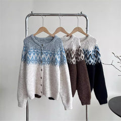 Bxoxo Vintage Fair Isle Knitted Cardigan for Women Cozy O-Neck Button Down Sweater Jacket Fall Winter Korean Style Christmas Sweater