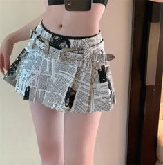 BXOXO American Printed Pleated Skirts 2025 Autumn New Low Waisted A-line Skirt for Women Y2k Grunge Faldas Mujer Newspaper