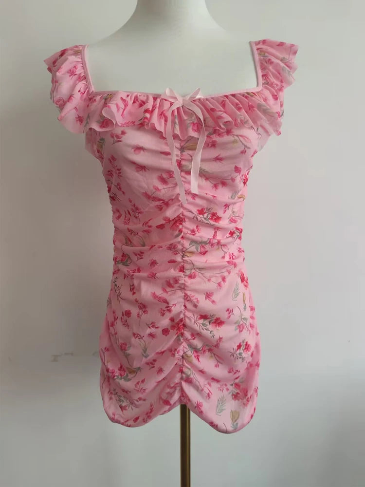BXOXO S-XXL Floral Blossom Dress Transparent Hot Dresses Ruched Draw String Flower Print Vestido Tight Sexy Package Hip Minifalda Body