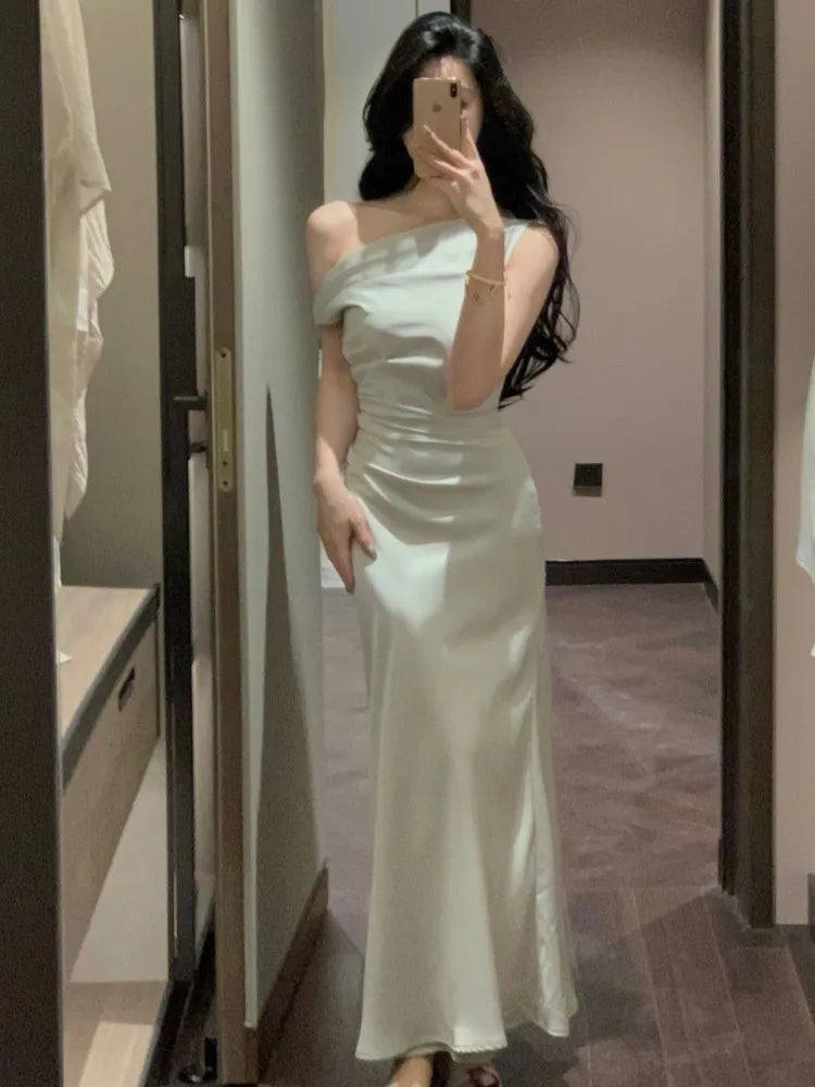 BXOXO Women Elegant Solid Evening Party Dresses Summer Fashion Korean Graduation Formal Dress Off Shoulder Slim Vestidos Clothing