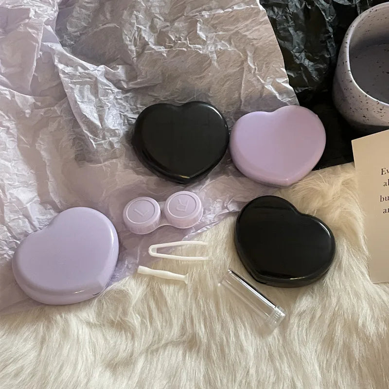 BXOXO Heart Black Purple Contact Lenses Box for Color Eyes Tool Kit Contact Lens Storage Care Holder Container with Mirror Tweezer