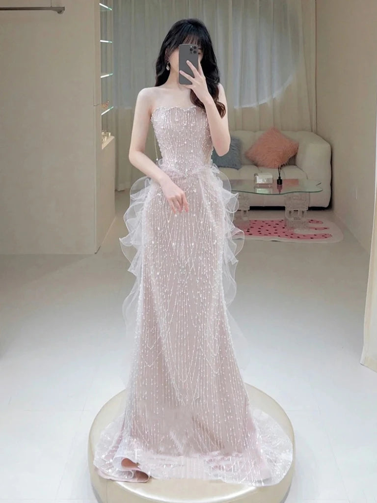 BXOXO Pink Shiny Strapless Celebrity Dresses Bead Sleeveless Off Shoulder Tulle Elegant Light Luxury Mermaid Toast Prom Evening Gowns