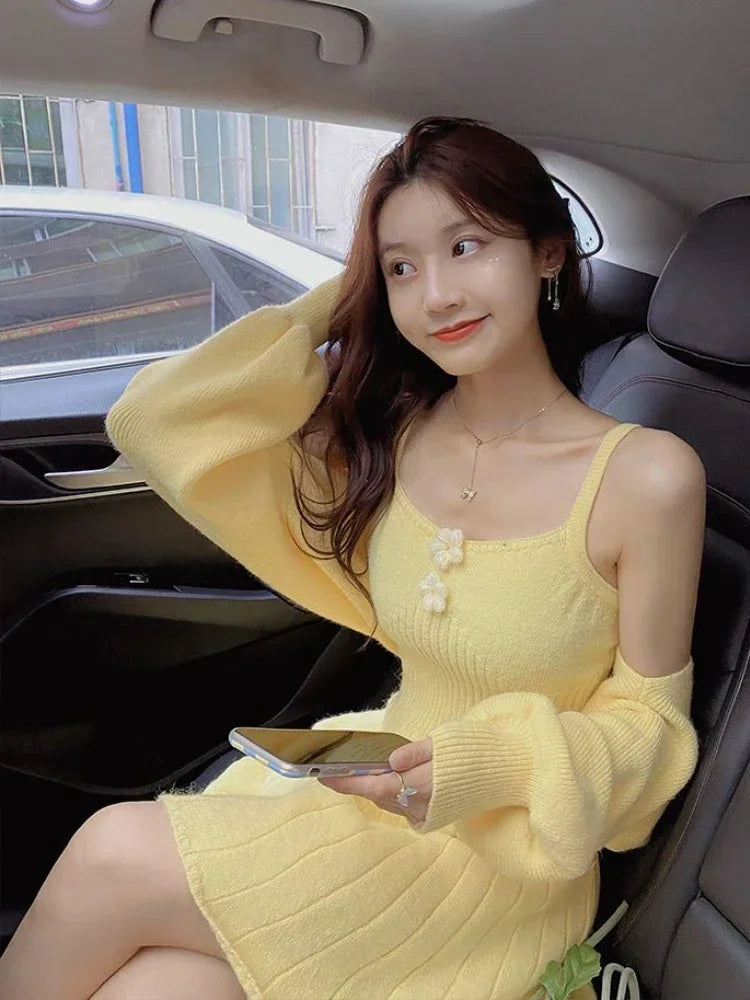 Bxoxo  Korean Autumn Winter Sweet Knitted Two Piece Dress Set Women Strap +Casual Coat Dress Set Style Solid Dress Suit