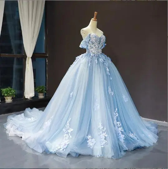 BXOXO Luxury Sky Blue Lace Quinceanera Dresses Sweetherts Tulle Party Vestidos 15 Anos Vintage Ball Gown Quinceanera Gown