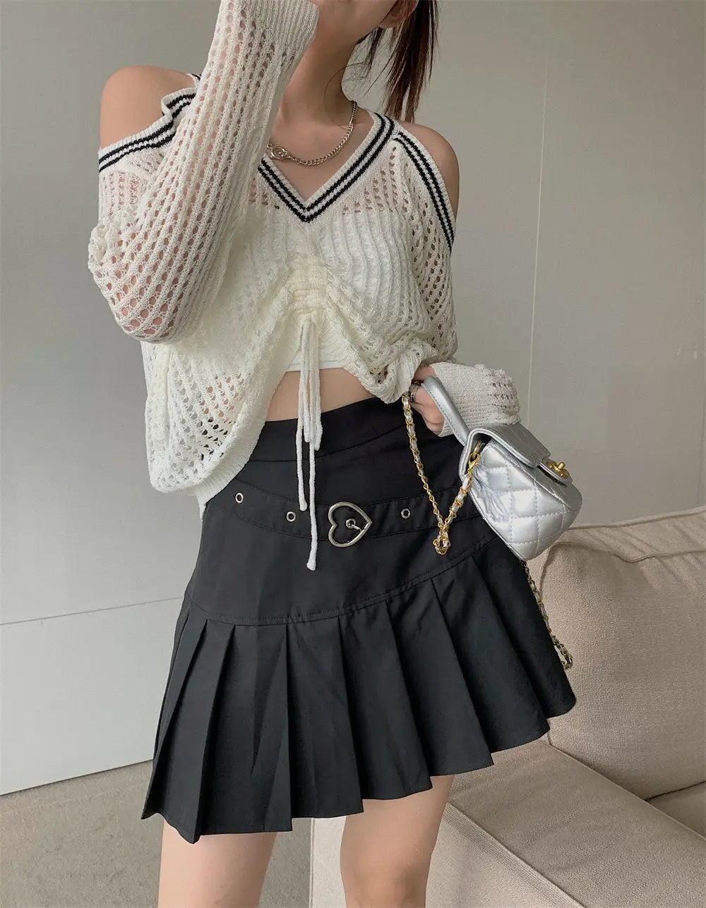 Bxoxo Off Shoulder Hollow Out Shirts Blouses Elegant and Youth Woman Blouse Drawstring Knitted V Neck Tops Vintage Y2k 2022 Fashion