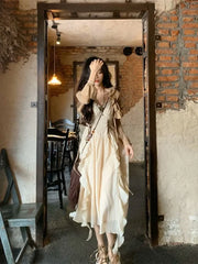 Bxoxo French Fashion Retro Vacation Style Camisole Dress+cardigan Two-piece Set Summer Temperament Long Dresses Female Clothing