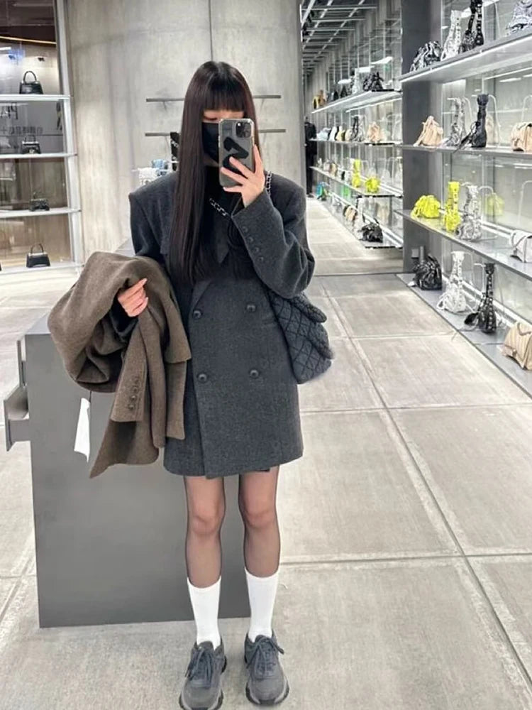 Bxoxo Fashion Gray Faux Fur Suit Coat Women Y2K Winter Thick Warm Double-Breasted Jackets Female Korean Streetwear All-Match Outwear