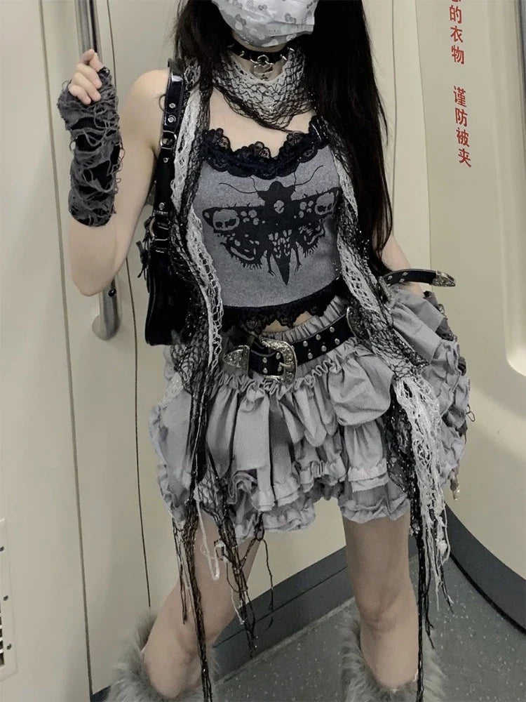 BXOXO Fashion Sweet Lace Slim Fit Camisole Tops Women+ Y2k Kpop High Waist Ruched Cake Skirts 2025 Summer New Two Piece Sets