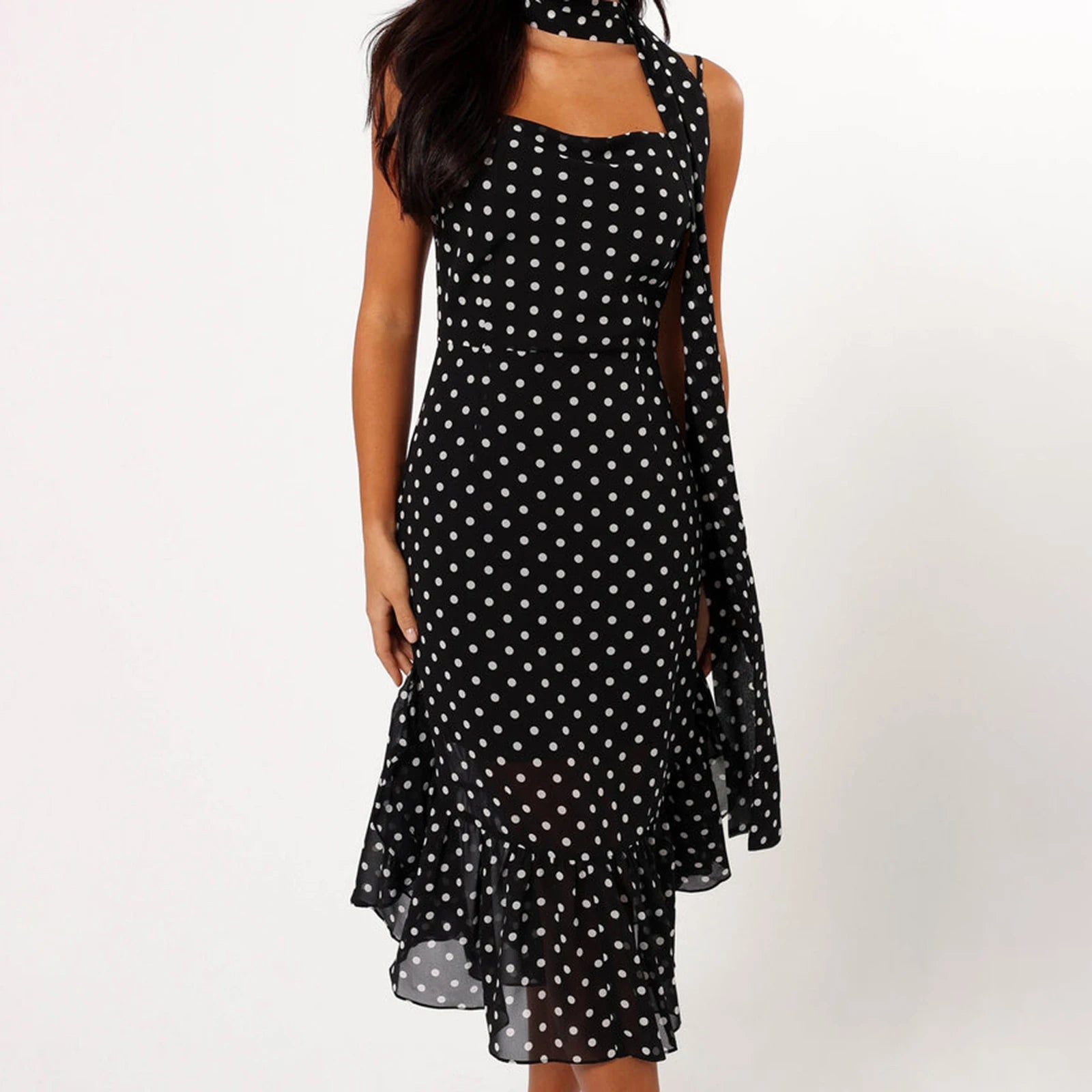 BXOXO Women Summer Spaghetti Strap Dress Casual Dot Print Ruffle Party Dress and Scarf for Vacation Beach Streetwear