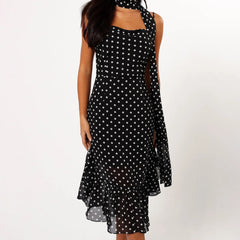 BXOXO Women Summer Spaghetti Strap Dress Casual Dot Print Ruffle Party Dress and Scarf for Vacation Beach Streetwear