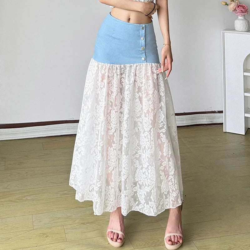 Bxoxo Fairycore Lace Stitching Skirt Chic Irregular Denim Patchwork Low Rise Long Skirts for Women Summer Streetwear y2k Skirts