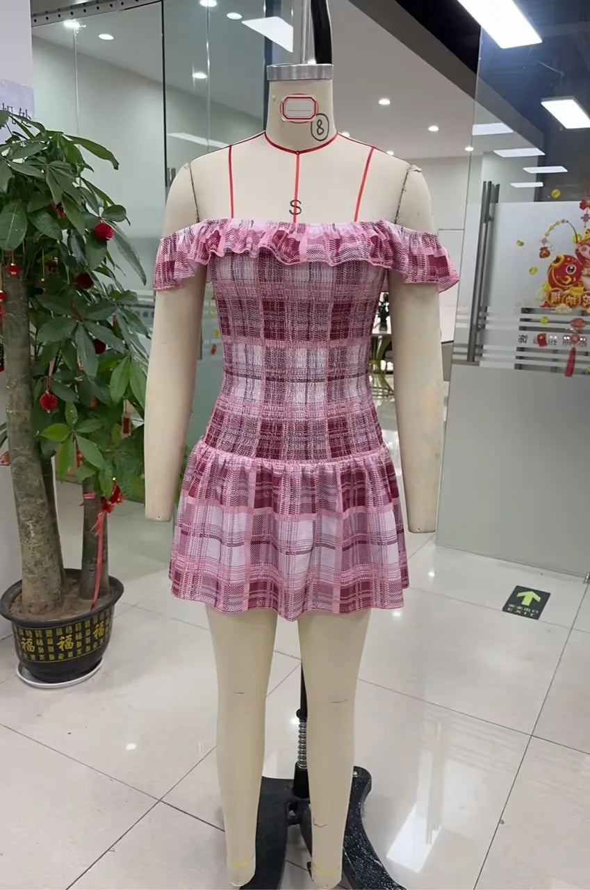 BXOXO Women Off Shoulder Plaid Mini Dress Sleeveless Aline Y2k Gingham Babydoll Formal Short Party Vacation Short Dress