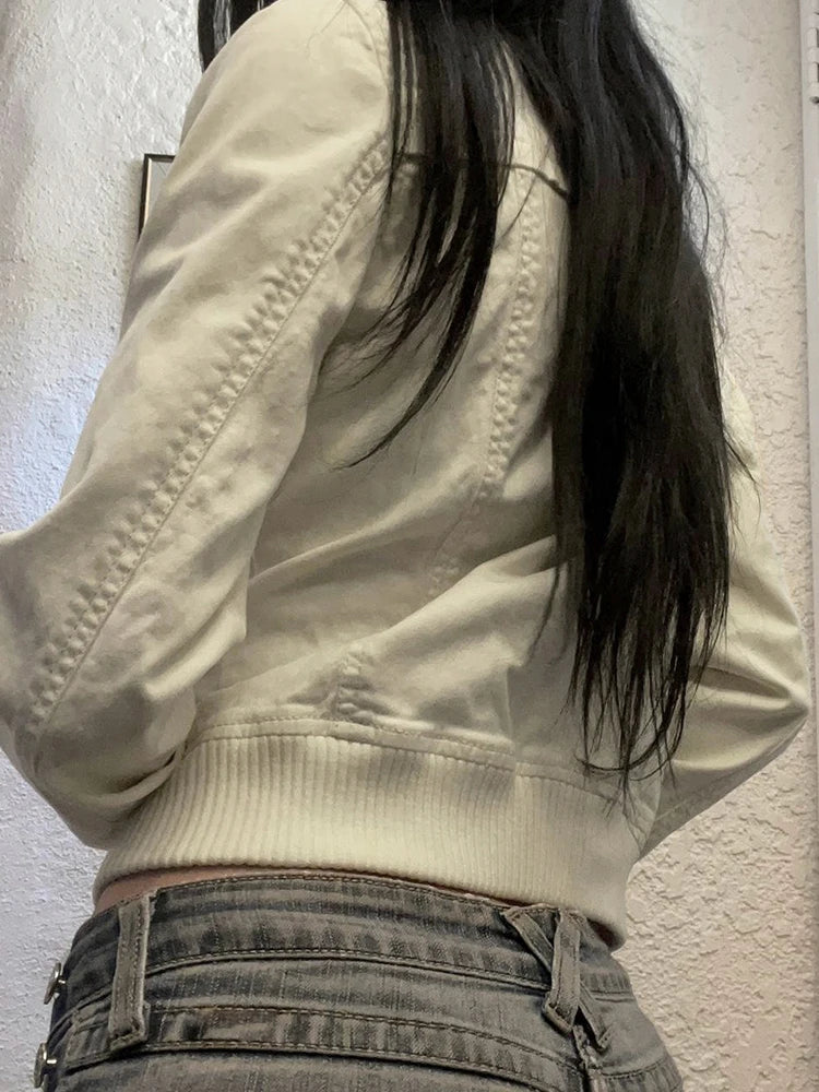 BXOXO Vintage Cropped Jackets for Women Harajuku Casual Slim Fit Zipper Coat Y2K Streetwear Long Sleeve Outerwear Autumn