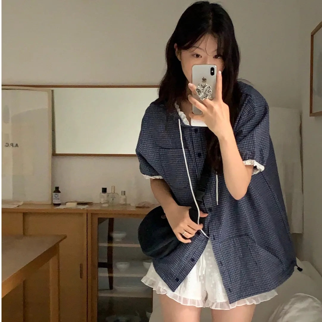 Bxoxo Women's Summer Fre Loose Slimming Japanese Sle Plaid ort Sve irt with Hood Sweet Sle Regular Length Single Button