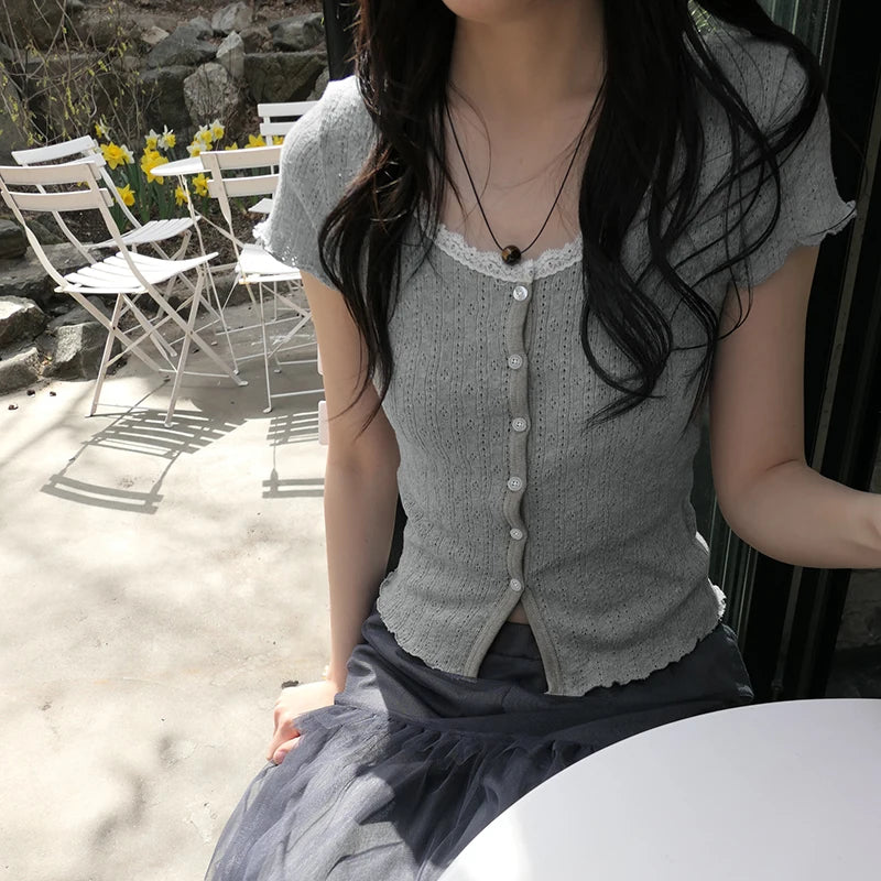 Bxoxo Kawaii Lace Stitching Grey Knitted Crop Top Korean Fashion Short Sleeve Button-up Skinny T-shirt for Women Y2k Streetwear