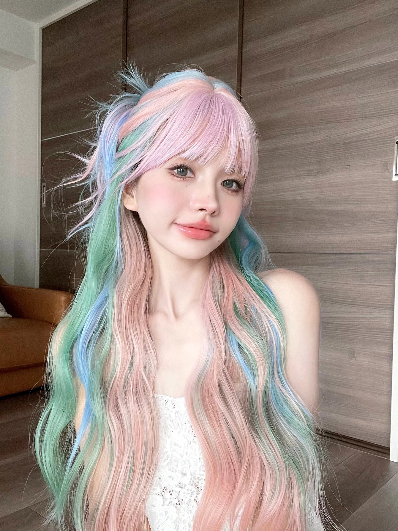 BXOXO 28Inch Iridescent Rainbow Color Multicolour Synthetic Wigs with Bang Long Natural Wavy Hair Wig for Women Cosplay Heat Resistant