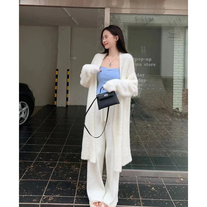 Bxoxo New Imitation Mink Coat Slimming Autumn And Winter Loose Fitting Long Sweater Thickened Lazy Knitted Cardigan Jacket White