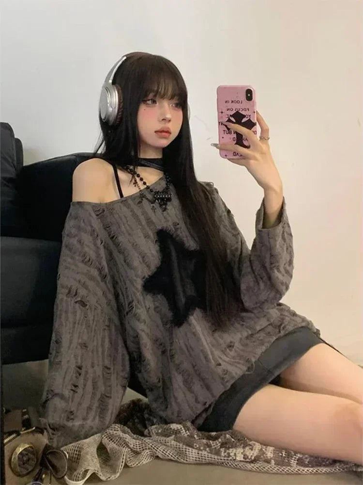 BXOXO Grunge Hole T-shirt Women Fashion Star Print Y2k Aesthetic Loose Tees Kpop Fairycore Ripped Tshirt Harajuku Gothic Streetwear