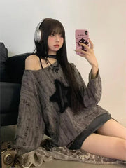 BXOXO Grunge Hole T-shirt Women Fashion Star Print Y2k Aesthetic Loose Tees Kpop Fairycore Ripped Tshirt Harajuku Gothic Streetwear