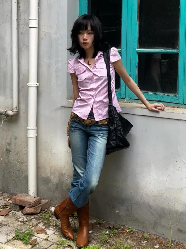Bxoxo Y2k Fairycore Striped Shirt Women Short Sleeve Pocket Casual Shirt Japanese 2000s Blouse And Shirt American Retro Tops