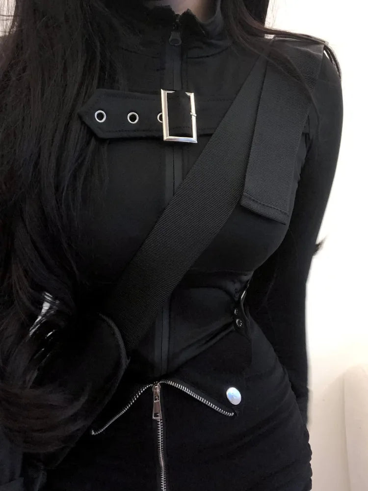 BXOXO 2025 Summer New Slim Fit Zipper Long Sleeve Black Tops Women+ Drawstring Ruched High Waist Shorts Y2k E-Girl Two Piece Sets