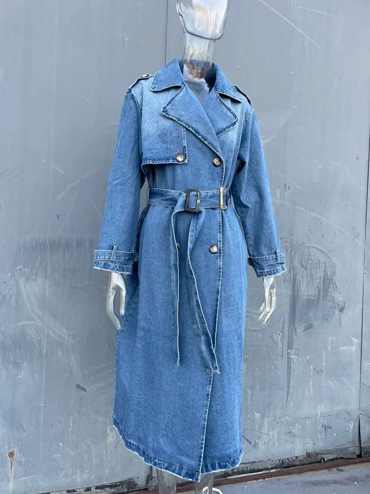 BXOXO X-Long Denim Trench Coats For Women Belt On Waist Slim Jean Coats Ladies Jaqueta Feminina Blue Jean Jacket Woman