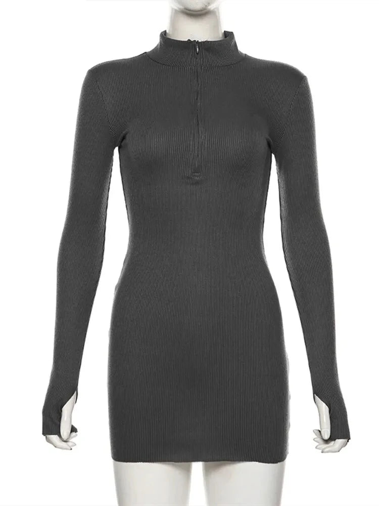 BXOXO Elegant Autumn Winter Black Bodycon Dress Women Turtleneck Slim Ribbed Knitted Long Sleeve Mini Dress Vestido