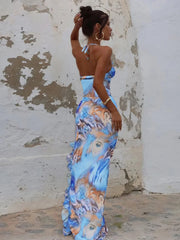 BXOXO Sexy Dress Women Colorful Print Halter Low-Neck Backless Ruffles High Splits Robe Fit Vacation Beach Party Long Bodycon