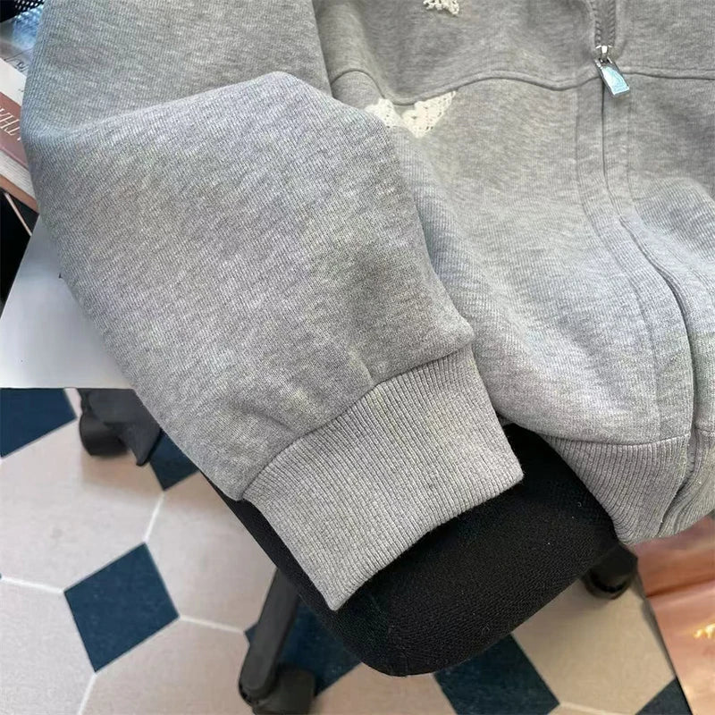 Bxoxo Harajuku Plaid Lace Sweatshirts Women Y2K Autumn Sweet Bow Long Sleeve Zipper Hoodies Oversized Loose Preppy All-Match Jacket
