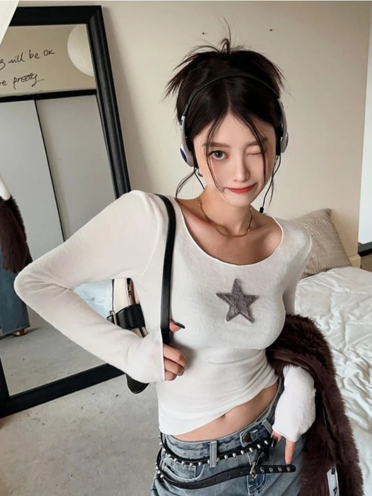 BXOXO Y2K American Retro Star T Shirts Women Harajuku Grunge Slim Basic Crop Tops Vintage Casual Long Sleeve Tees Aesthetic