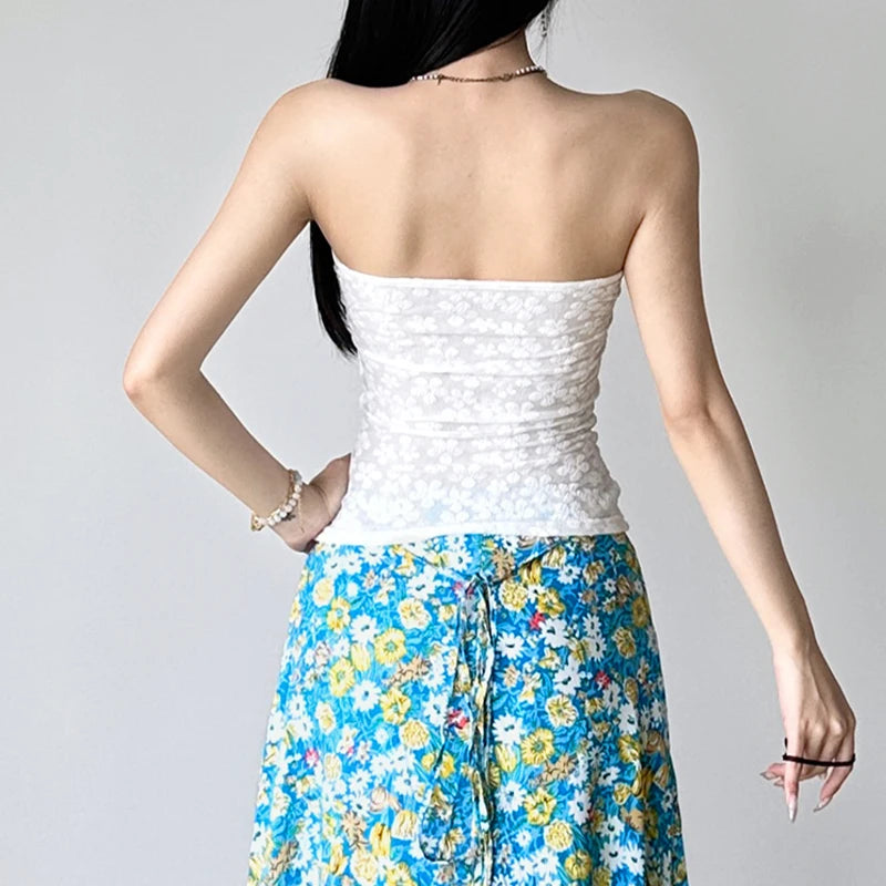 BXOXO White Transparent Lace Camis Sexy See Through Strapless Copped Top Women Summer Holiday Party Vest y2k Aesthetic Tube Top