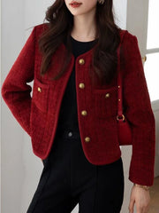 Bxoxo Wine Red Women's Jackets Autumn and Winter New  Metal Buckle Short Women Coat Korean Fashion Slim Elegant Tweed Jackets