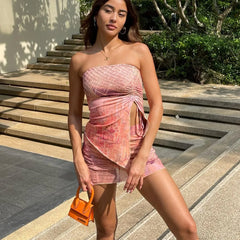 BXOXO Y2K Two Piece Outfit Women Vintage Printed Strapless Tube Top Mesh Bodycon Mini Skirt Set Aesthetic Grunge Streetwear