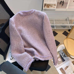 Bxoxo Purple Tweed Jacket Women Vintage O-Neck Metal Single Breasted Cropped Coat Autumn Winter Korean Style Elegant Jackets for Women