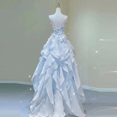 BXOXO Blue Evening Dress Women Luxury Elegant Ruffles Fairy Birthday Prom Gown Exquisite Sleeveless Bride Banquet High-end Host Dress