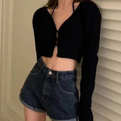 Bxoxo Sexy V Neck Crop Cardigans Y2K Summer Korean Long Sleeve Button Sweater Fashion Slim Thin Black Knitting Sun Protection Jumper