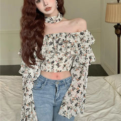 Bxoxo Retro Ruffle Floral Women Shirts Spring New Slash Neck Casual Chiffon Shirt Korean Elegant Patchwork Slim Ladies Cropped Tops