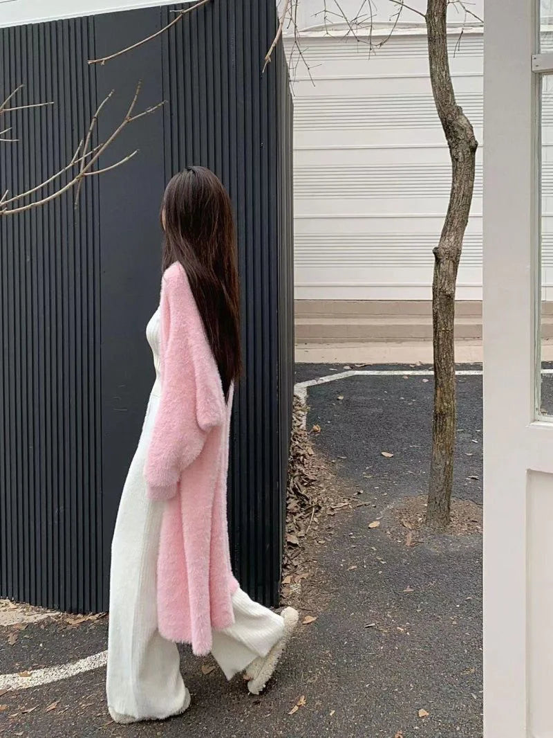 Bxoxo New Imitation Mink Coat Slimming Autumn And Winter Loose Fitting Long Sweater Thickened Lazy Knitted Cardigan Jacket White