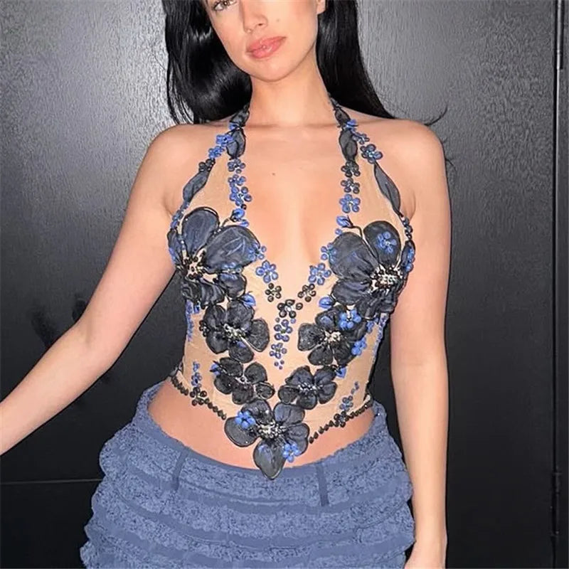 BXOXO Women's Y2K Floral Sheer Halter Top Sleeveless Tie Backless Camisole Sexy See Through Flower Embroidered Tank Tops