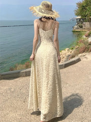 Bxoxo Women's Sexy Hollow Lace Dresses 2025 Summer Elegant French Sling Floral A-Line Full Skirt Long Dress Fashion Holiday Vacation