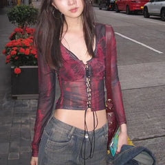 Bxoxo Grunge Crop Tops y2k Clothes Women Tie Dye Print Tie Front V Neck Long Sleeve Mesh T Shirts 2000s Clothing Streetwear