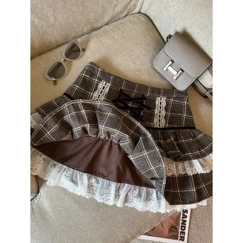 BXOXO Kawaii Ruffle Lace Plaid Skirts Women Sweet Elegant Mini Skirt Cutecore Autumn Winter Patchwork A-line Short Skirts