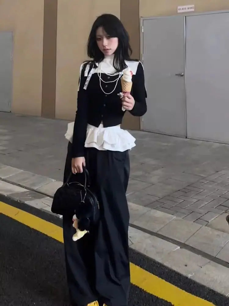 Bxoxo Y2k Black Vintage Women Skirt Pants Kawaii Patchwork Harajuku Korean Style Sweatpants Wide Leg Baggy Trousers Youthful