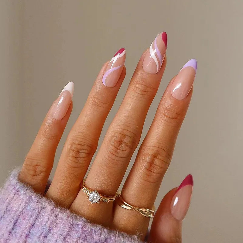Bxoxo 24P French Oval False Nails Girls White Edge Design Nude Color Wearable Press on Nail Full Cover Short Acrylic Almond Fake Nails