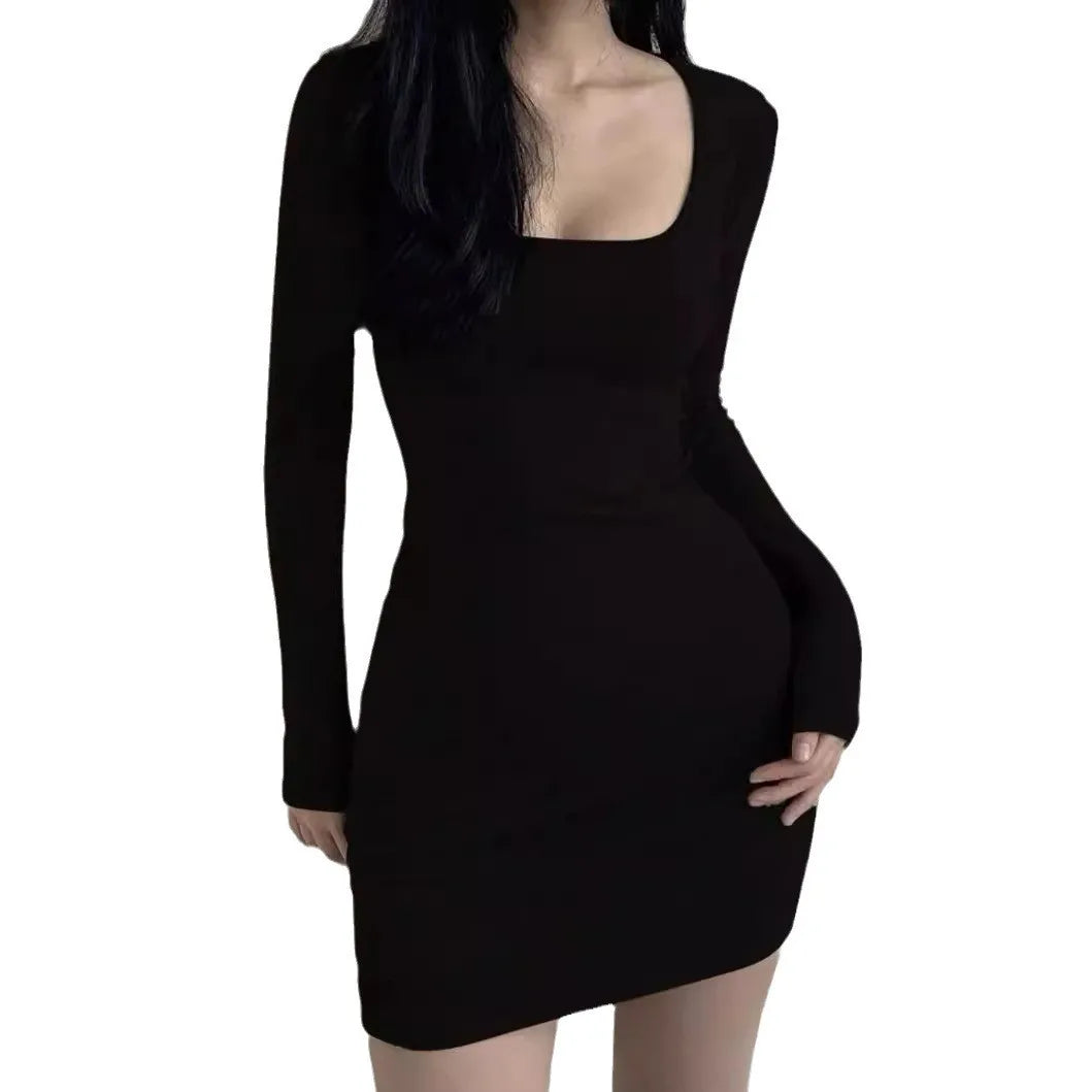 BXOXO Big Round Neck Slim Autumn and Winter Korean Version of Long Sleeve Dress Retro Bag Hip Skirt Female Temperament a Word Dress