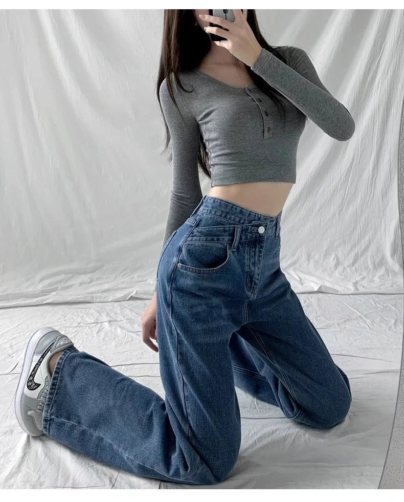 Bxoxo 1970s Retro Crossbody High-waist Slimming Drag-on Straight-crotch Long Pants Women Summer Cotton Material