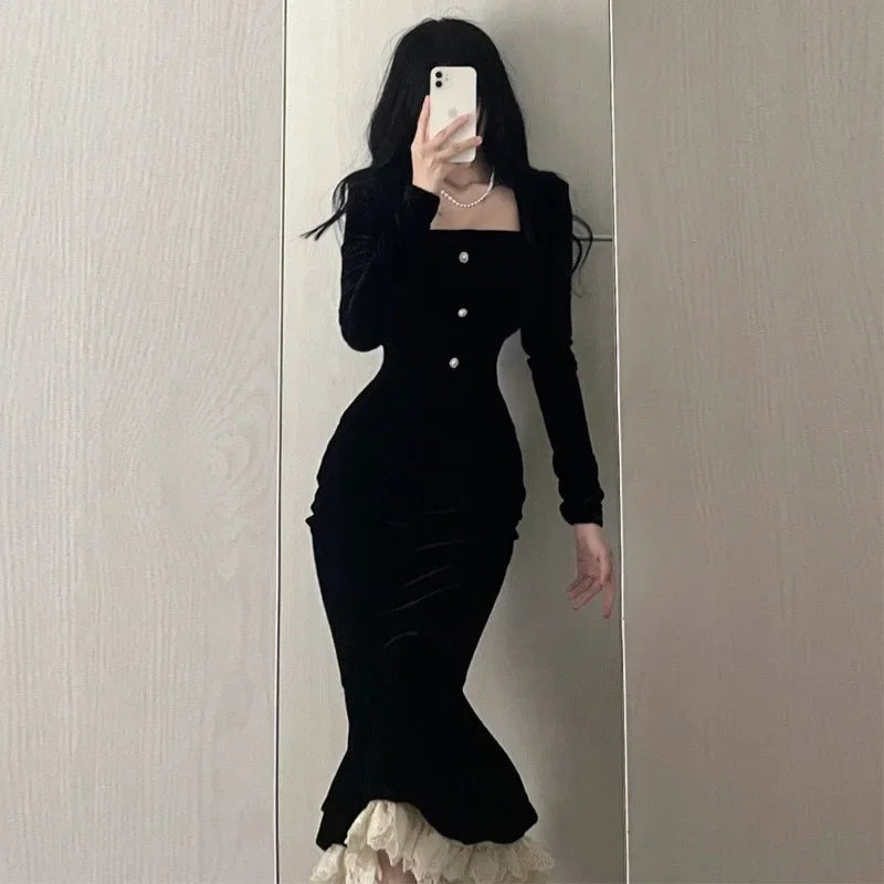 BXOXO Elegant Black Velvet Dress Women's Long Sleeve Fish Tail Simple Style European And American Fashion Autumn/Winter French Chic