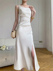 Bxoxo Women's White Elegant Sleeveless Slim Split Slip Dresses Summer Fashion New Female Clothing Evening Party Wedding Guest Dress